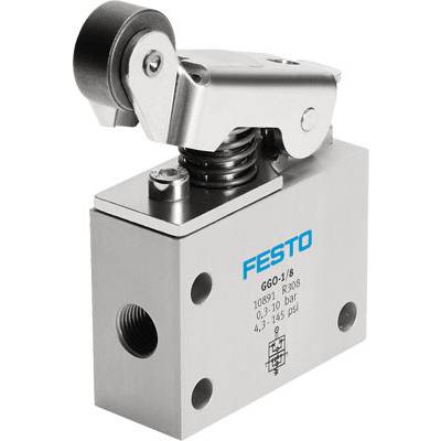 Ein pneumatischer Schalter von Festo, Modell GG0-1/8, mit Hebelmechanismus, Druckbereich 0,3–10 bar, 4,3–145 psi.