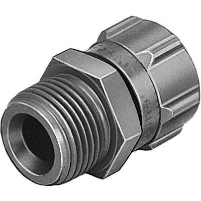 Ein graues Metallgewinde mit hexagonaler Mutter, das zu einem Rohr- oder Hydrauliksystem gehört.
