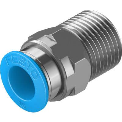 Metallisches Festo-Steckanschluss mit blauem Einsatz, typischerweise verwendet in pneumatischen Systemen zur sicheren Rohrverbindung.