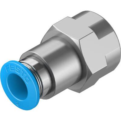 Silberner Pneumatik-Schlauchanschluss mit blauem Endstück, Seitenansicht, Herstellerbeschriftung 'Festo' sichtbar.