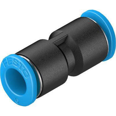 Pneumatischer Verbinder gerade, schwarz mit blauen Enden, häufig für Druckluftsysteme verwendet.
