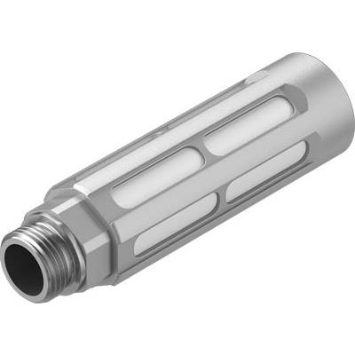 Ein zylindrisches, graues Metallteil mit Gewinde an einem Ende und vertikalen Schlitzen entlang der Seiten.