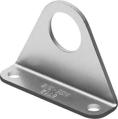 Silberne Metallhalterung mit zwei unteren Befestigungslöchern und einem großen oberen Befestigungsloch zur Montage.