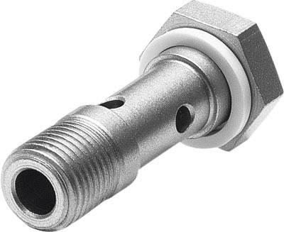 Metall-Steckverbinder mit Gewinde, mehreren Löchern und sechseckiger Mutter, möglicherweise für ein hydraulisches oder pneumatisches System.