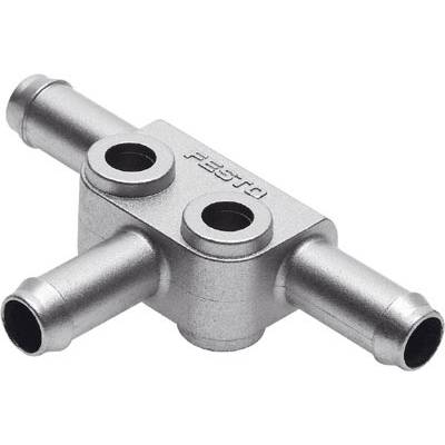 Ein T-förmiges Metallverbindungsteil mit vier Öffnungen, beschriftet mit 'FESTO', verwendet in pneumatischen Systemen für Luftleitungen.