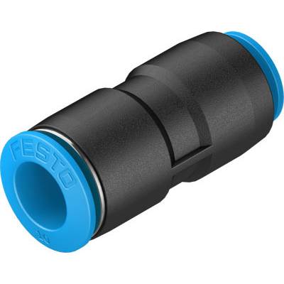 Schlauchverbinder von Festo in Schwarz und Blau, zylindrische Form, dient zur Verbindung von Pneumatikschläuchen.