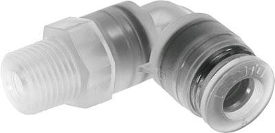 Ein transparenter Kunststoffsteckverbinder mit 90-Grad-Winkel, geeignet für Rohrleitungssysteme.