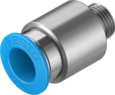 Ein zylindrischer Pneumatikschlauchadapter aus Metall mit einem blauen Anschluss mit der Aufschrift 'FESTO'.