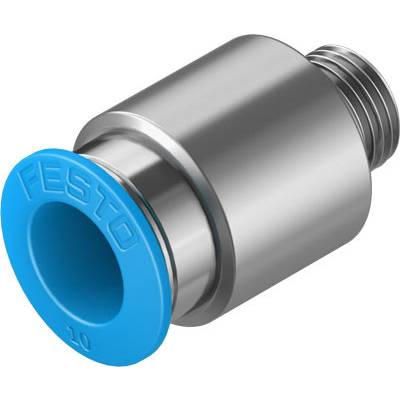 Ein zylindrischer Pneumatikschlauchadapter aus Metall mit einem blauen Anschluss mit der Aufschrift 'FESTO'.
