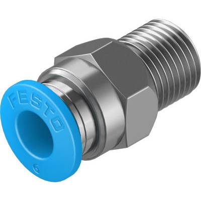 Metallische Pneumatikverschraubung mit blauem Kunststoffring, seitliche Ansicht. Markierung 'FESTO' auf dem blauen Ring sichtbar.