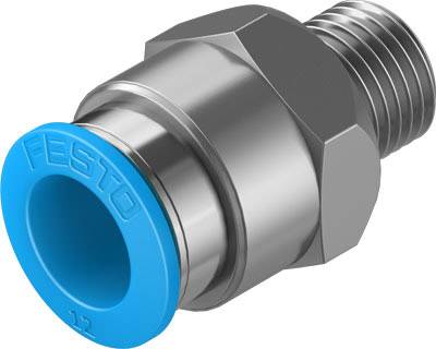 Eine silberne Pneumatikverschraubung mit blauer Kappe, die 'FESTO' trägt, zeigt die Festo-Qualitätsmarke und industrielle Verwendung.