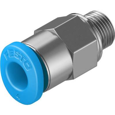 Ein metallischer Pneumatik-Steckanschluss mit blauer Kunststoffkappe und Gewinde, verwendet zur Verbindung von Luftschläuchen in Systemen.