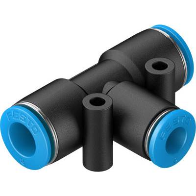 'Ein T-Stück-Steckverbinder von Festo, schwarz mit blauen Enden, für Pneumatikschlauchverbindungen.'
