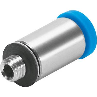 Edelstahlzylinder mit blauer Dichtung und Schraubgewinde an einem Ende.