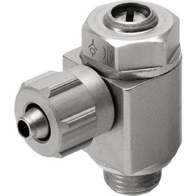 Ein silbernes Metallventil mit einem geriffelten Drehknopf und zwei Gewindeanschlüssen, genutzt zur Steuerung von Druckluftströmungen.