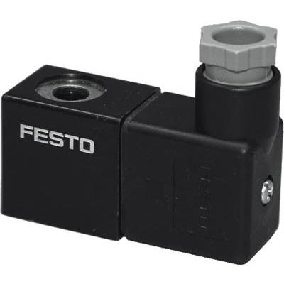 Ein schwarzer Magnetventilstecker von Festo mit rechteckiger Form und grauem Anschluss zur Steuerung von Pneumatiksystemen.