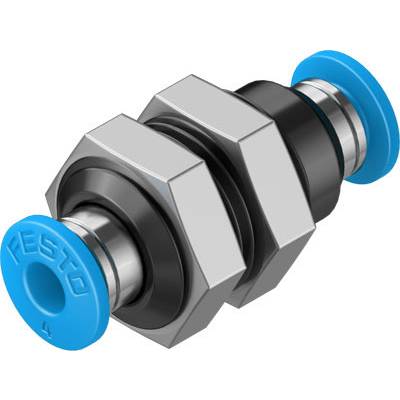 Zweifach-Verbinder mit blauen Endkappen, Metallverschraubung und Kunststoffring, verwendet in pneumatischen Systemen zur Verbindung von Schläuchen.