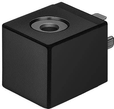 Schwarze, kubische Elektromagnetspule mit zentraler Öffnung und zwei seitlichen Anschlussklemmen zur elektrischen Verbindung.