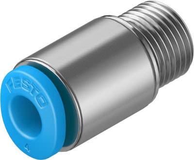 'Ein Metallschraubverbinder mit blauem Ende für pneumatische Anwendungen.'