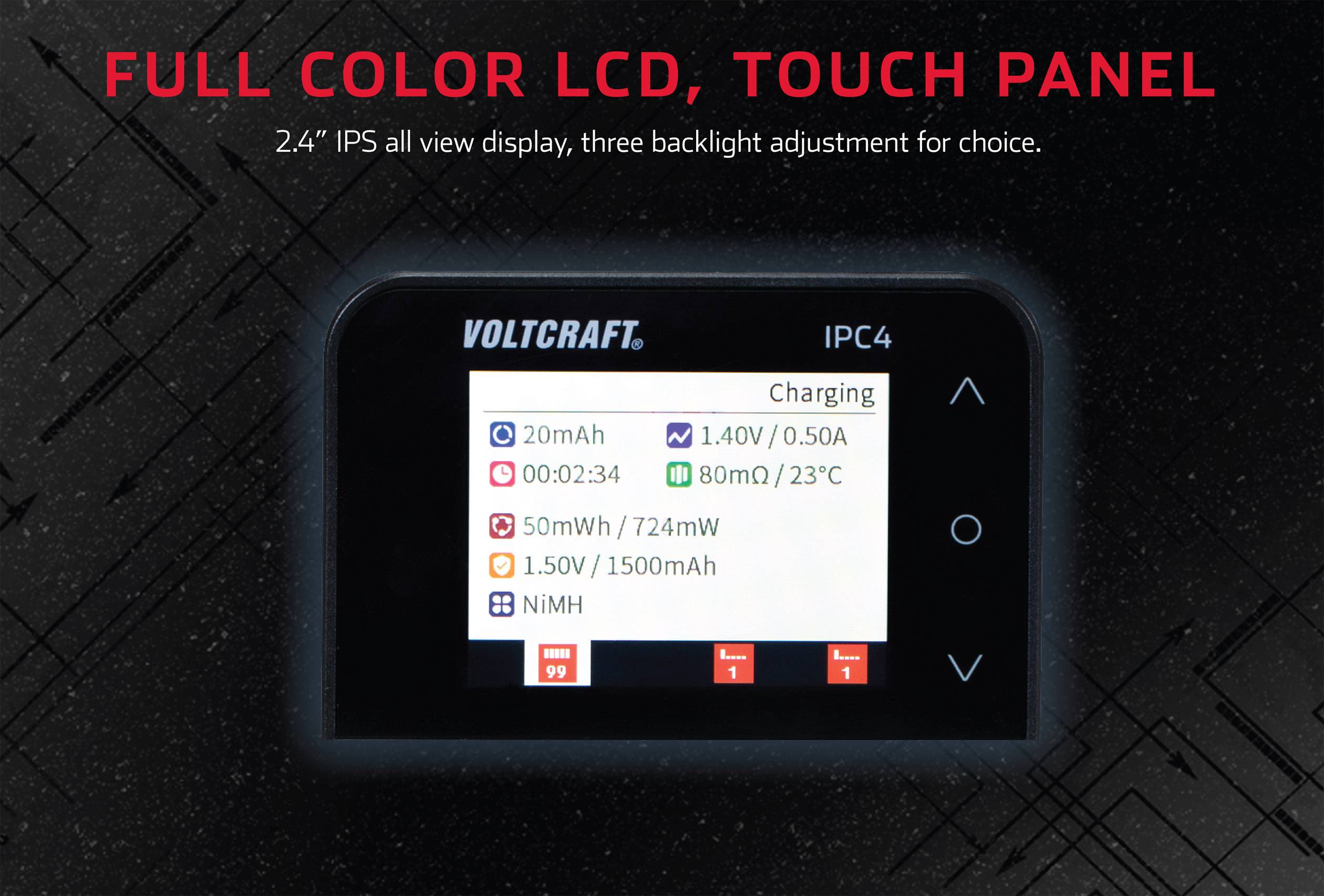 Ein Ladegerät-Display mit verschiedenen Ladeoptionen und Kapazitätsanzeigen für Batterien. Markenname 'Voltcraft IPC4'. Texte auf dem Display umfassen Ladestrom, Spannung, Kapazität und Typ.