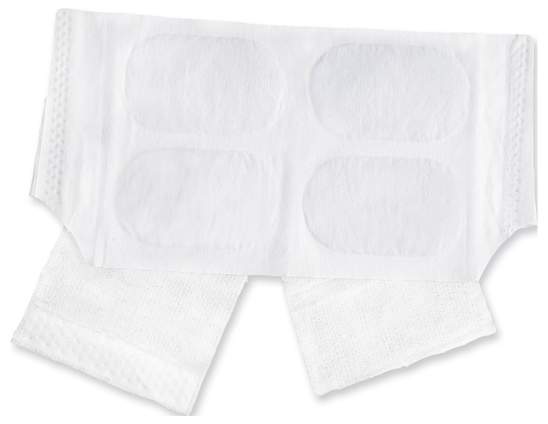 Erwachsenenwindel mit hoher Saugfähigkeit, ausgestattet mit vier ovalen Saugeinlagen, elastischem Bund und Beinkanten, flach und offen positioniert.