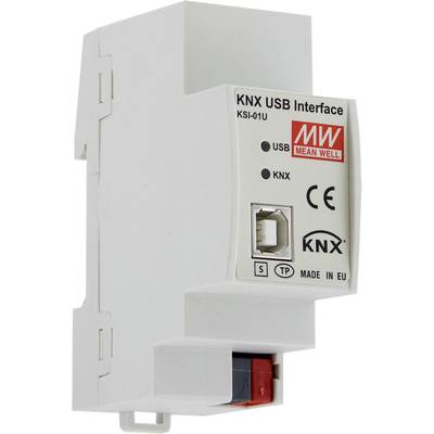 KNX USB-Schnittstelle von Mean Well, Modell KSI-01U, mit USB- und KNX-Anschlüssen, CE-Zertifizierung, in EU hergestellt.