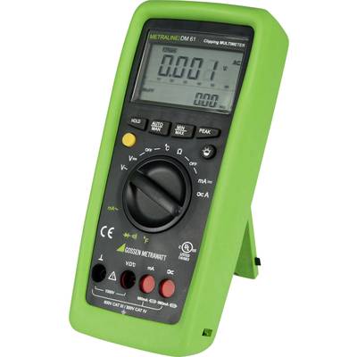 'MetraLine DM 61 Digital-Multimeter' in grün, zeigt Messwert 0.001 V AC an. Knöpfe zur Auswahl von Funktionen und Messbereichen.