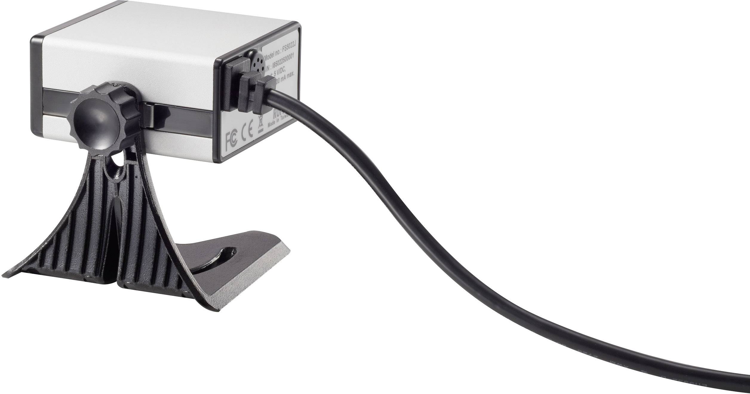 Eine kleine, rechteckige Kamera mit abgewinkeltem Standfuß und langem Kabel, geeignet für den Einsatz auf Tischen oder Regalen.