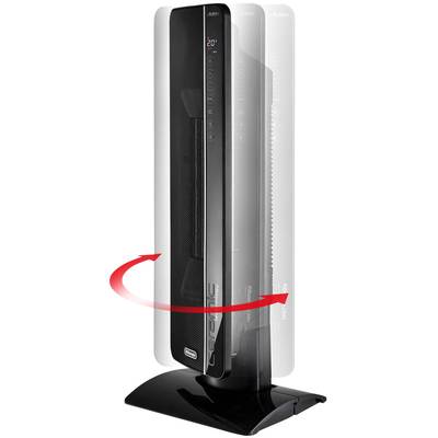 Ein schwarzer Turmventilator mit oszillierender Funktion. Der Ventilator zeigt Bedienknöpfe und das digitale Display für Temperaturanzeigen.