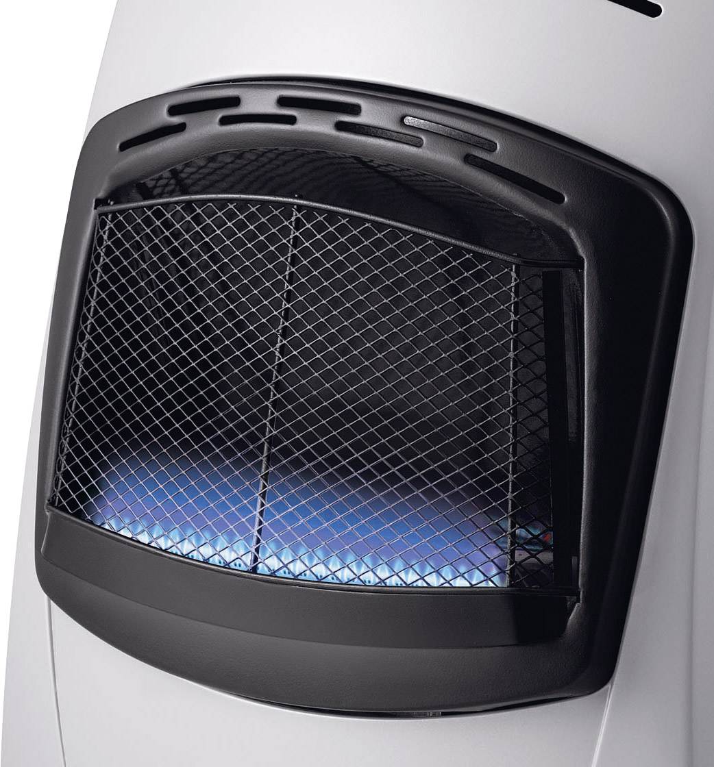 Gasheizgerät mit sichtbarer Flamme hinter einem schwarzen Gitter. Gerät ist abgeschaltet.