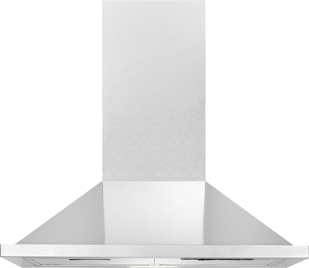 Metallische Dunstabzugshaube mit rechteckigem Kamin und trichterförmigem Haubenteil, geeignet für moderne Küchen.