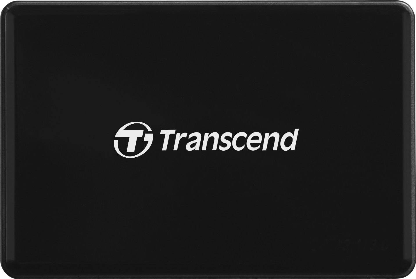 Eine schwarze externe Festplatte mit dem 'Transcend'-Logo in der Mitte.