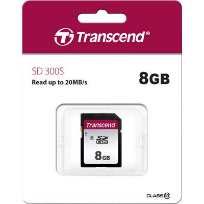 Verpackung einer Transcend SD-Karte, Modell SD 300S, mit 8 GB Speicherplatz, Geschwindigkeitsklasse 10, Lesegeschwindigkeit bis 20 MB/s.