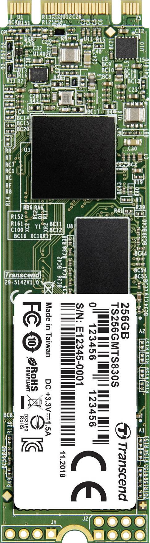 Ein M.2 SSD-Speicherchip mit 256 GB Kapazität. Die Vorderseite zeigt beschriftete Chips und Aufkleber mit technischen Informationen.