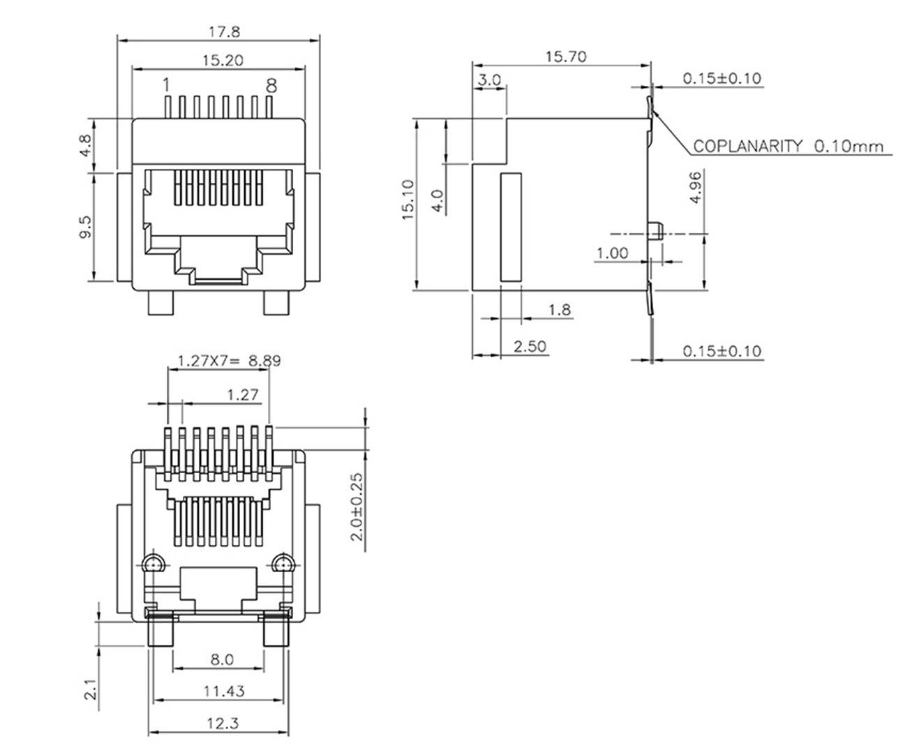 'Technische Zeichnung eines RJ45-Netzwerkanschlusses mit Maßen in Millimetern in drei Ansichten: Vorderansicht, Seitenansicht und Draufsicht.'
