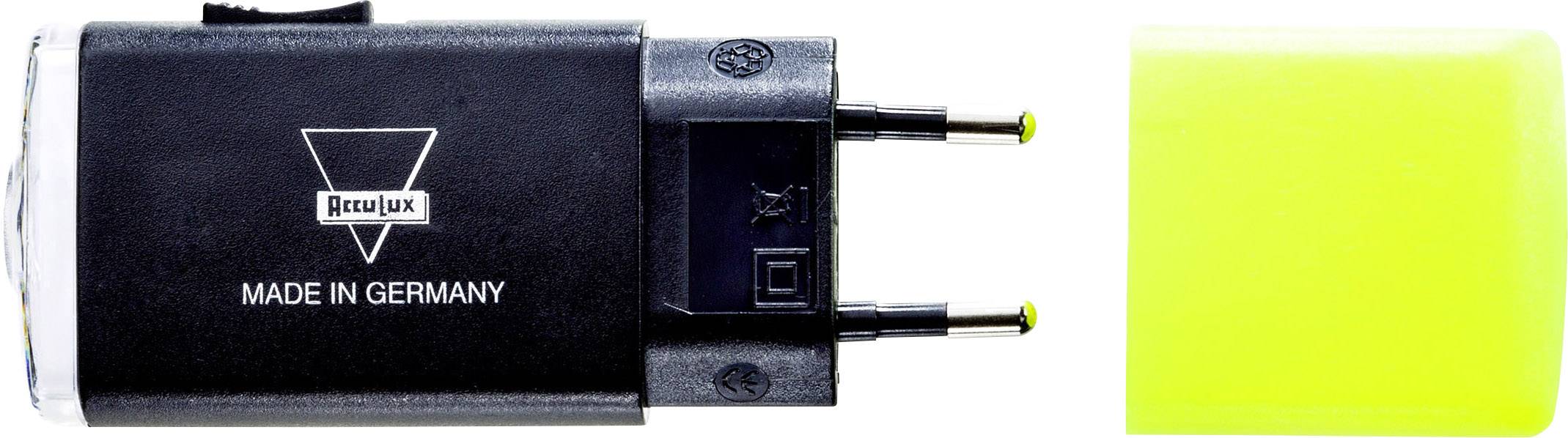 Schwarzer Steckdosenadapter mit Aufschrift 'Made in Germany', rechts gelbe Hülle.