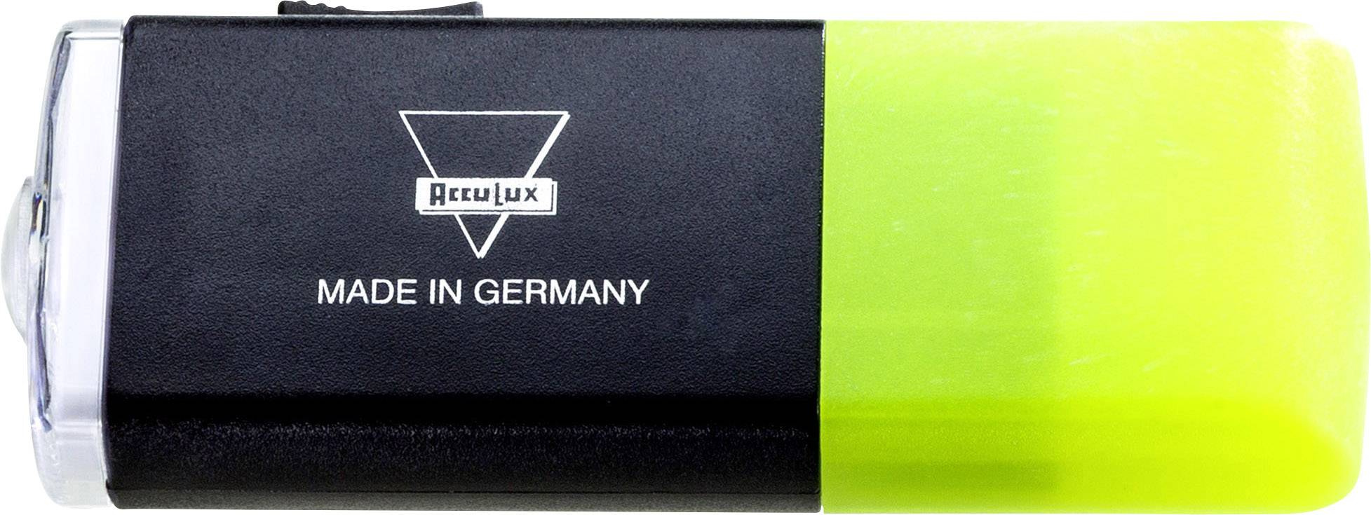 'Taschenlampe von AccuLux, schwarz-gelb, mit Aufschrift 'MADE IN GERMANY'.'