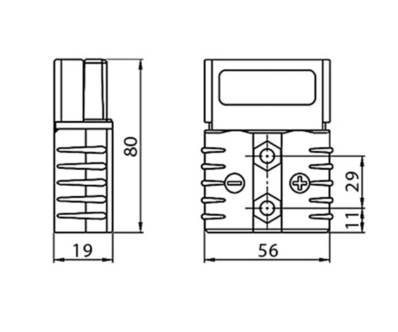 Technische Zeichnung eines Steckverbinders mit Maßen: Höhe 80 mm, Breite 19 mm, Tiefe 56 mm. Zeigt Anschlusspunkte.