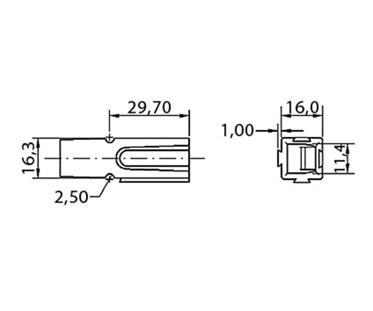 Technische Zeichnung eines Steckverbinders. Maße: Länge 29,70 mm, Breite 16,0 mm, Höhe 16,3 mm, weitere Details: 2,50 mm, 1,00 mm, 1,14 mm.