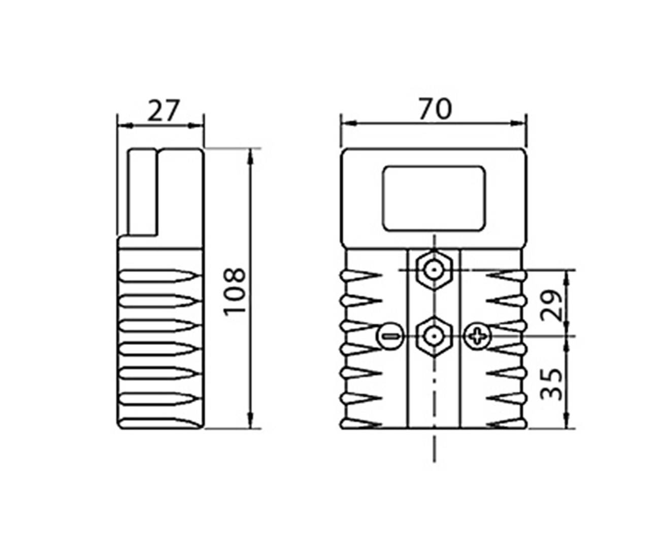 Technische Zeichnung eines Bauteils mit Maßen: Höhe 108 mm, Breite 70 mm, Tiefe 27 mm, mit detaillierten Angaben zur Position von Bohrlöchern.