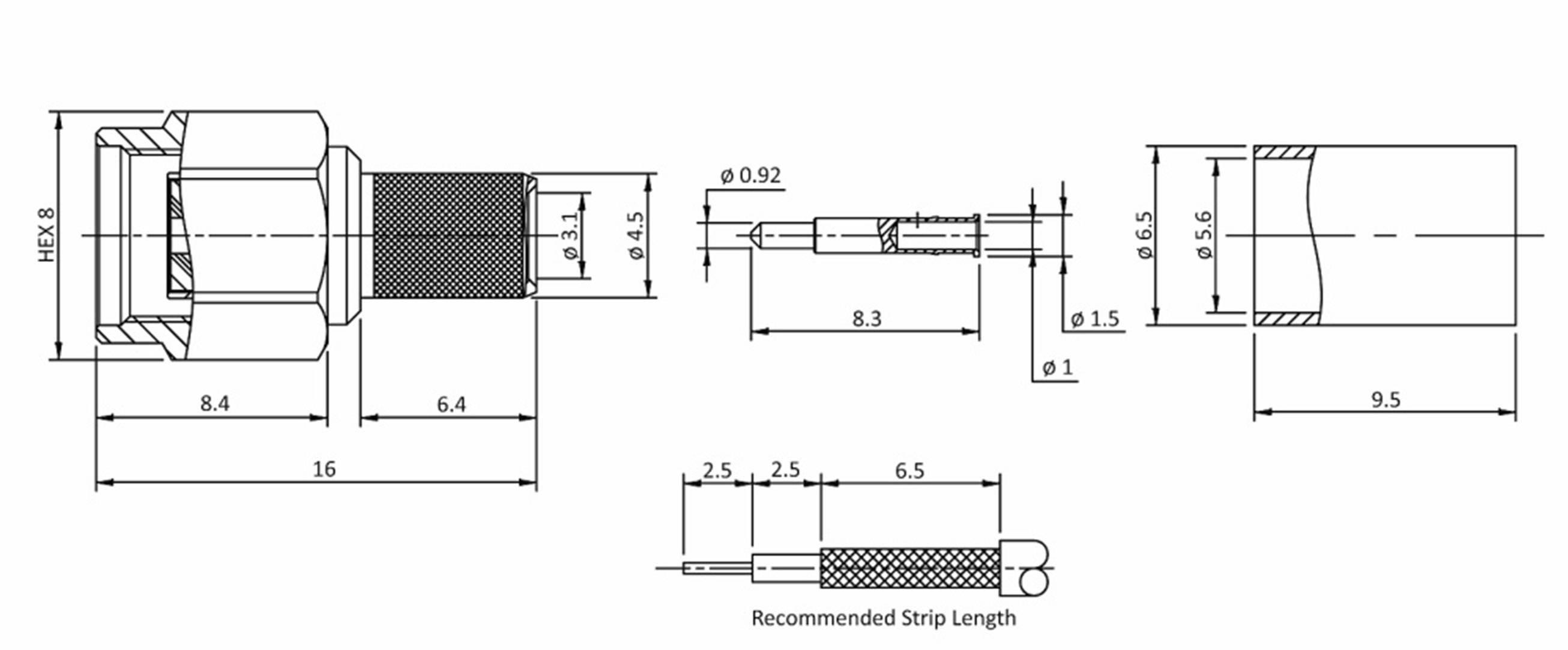 Technische Zeichnung eines RF-Steckers mit Abmessungen in Millimetern. Detaillierte Ansichten zeigen Längen und Durchmesser verschiedener Segmente.