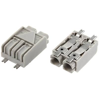 Graue elektrische Steckverbinder mit Metallkontakten, möglicherweise für Leiterplattenmontage. Zwei Perspektiven, Vorder- und Rückansicht.