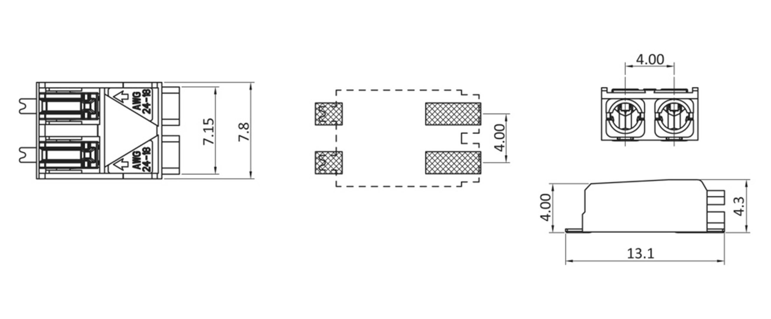 Technische Zeichnung eines elektrischen Steckverbinders mit Maßen: 7,15x7,8 mm vorne, 4,0 mm Breite, 13,1 mm Länge und 4,3 mm Höhe.