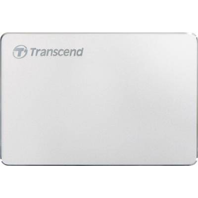 Externe Festplatte der Marke Transcend mit silbernem Gehäuse.