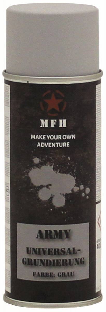 Eine Sprühdose mit grauer Farbe, beschriftet mit 'Army Universalgrundierung Farbe: Grau', von der Marke MFH.