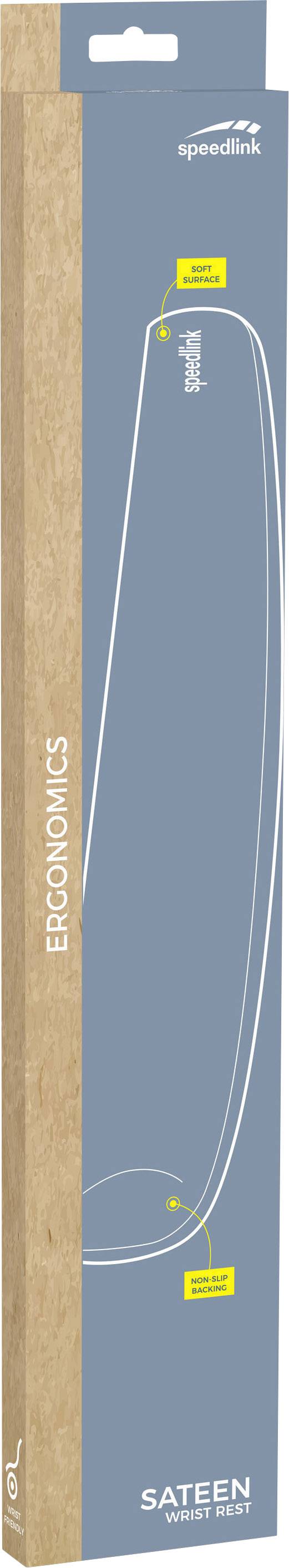 Verpackung eines ergonomischen Produkts, blau-grau mit braunem Rand. Markenlogo oben, "ERGONOMICS" vertikal, Bild des Produkts in Umrissen.