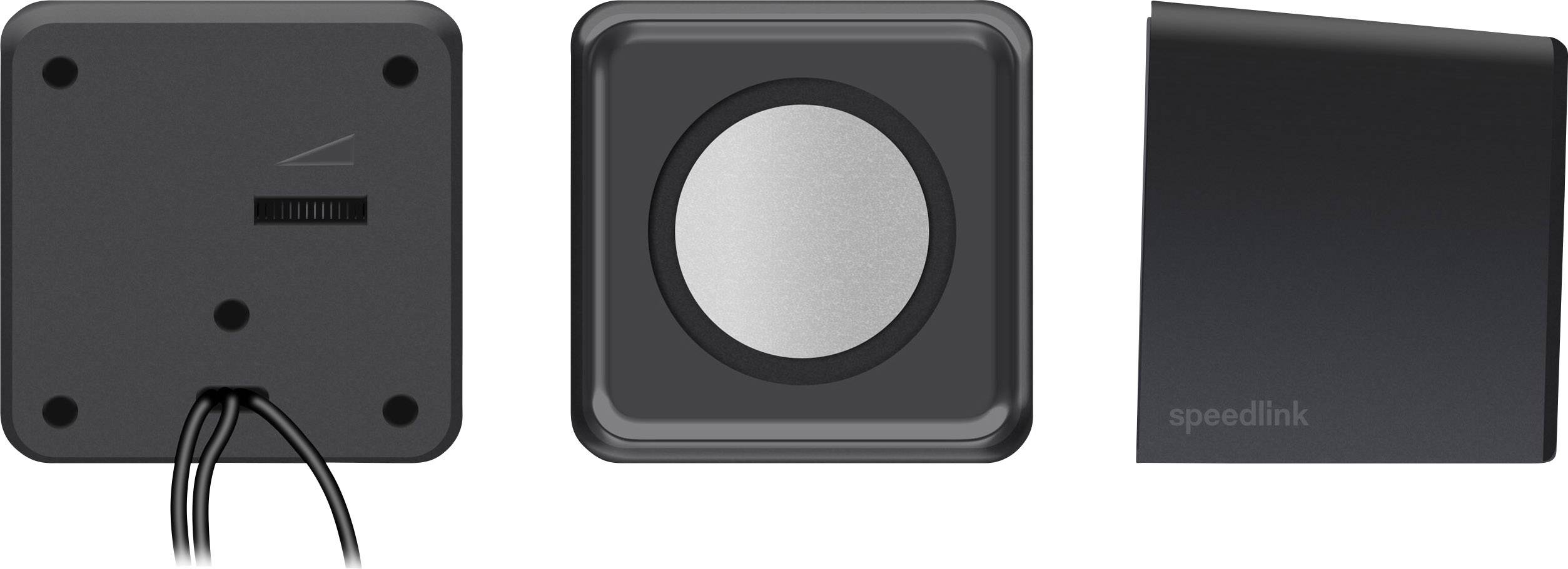 Schwarze magnetische Uhrhalterung, quadratisch, mit runder Metallfläche und Kabelanschlüssen auf der Rückseite, geeignet für Tisch- oder Wandmontage.