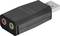 Externe USB-Soundkarte in Schwarz mit einem silbernen USB-Stecker, hat einen Mikrofoneingang und einen Kopfhörerausgang.