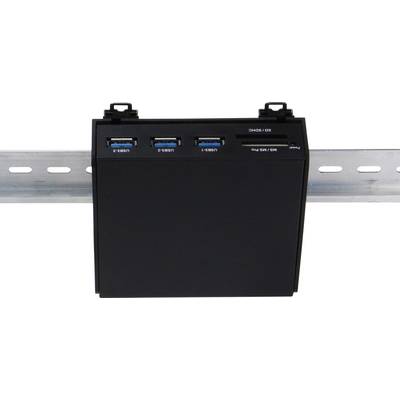 Ein schwarzes Netzwerkgerät ist an einer Metallschiene befestigt. Es zeigt vier USB-Anschlüsse auf der Vorderseite.