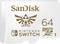 Eine 64 GB SanDisk microSDXC-Karte, gestaltet für Nintendo Switch, mit einem speziellen goldenen Emblem in der Mitte.